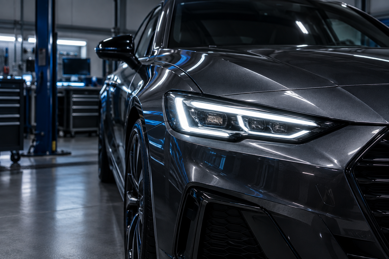 Imagem ilustrativa de um carro com faróis LED em ambiente de diagnóstico automotivo